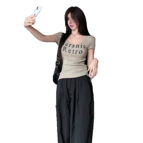 Ins Personality Pure Desire Hot Girl U-Neck Short-Sleeve T-Shirt for Women Summer Retro Fitted Slimming Short-Sleeve Top Women's T-Trend