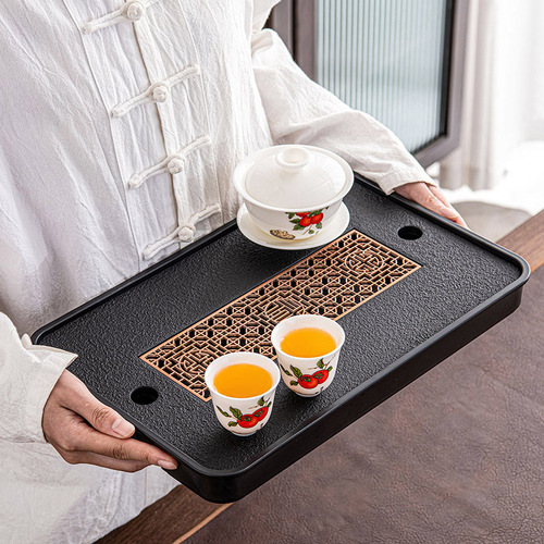 Household tea tray tea tray light luxury modern dry bubble Taiwan textile black gold stone tea sea tea set water storage drainage tray tea set