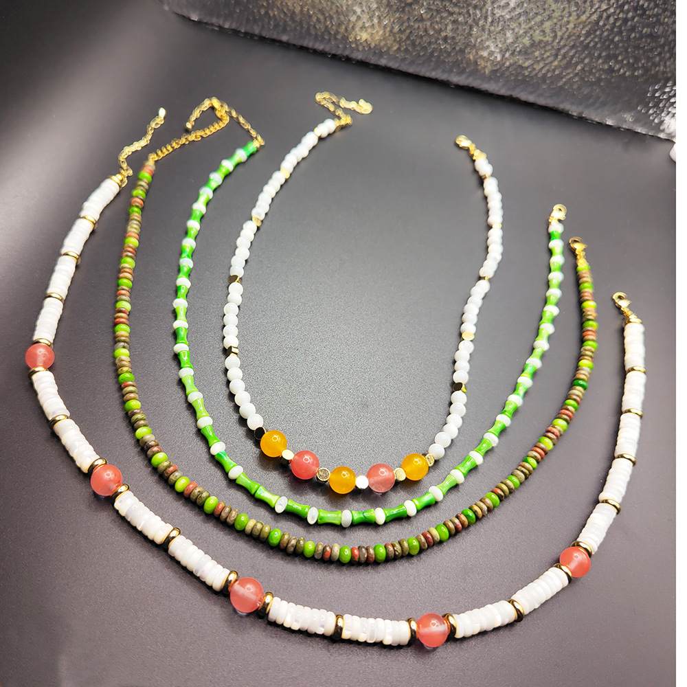 Vintage Edelstein Und Muschel Perlenhalskette Boho Stil_voghion.com