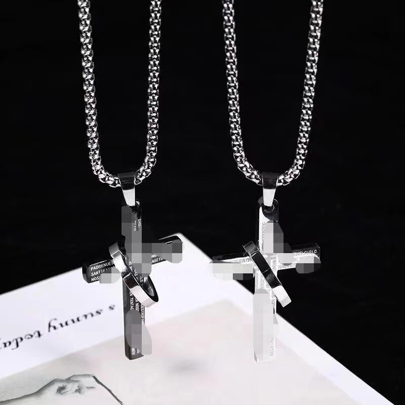 Cross-border Source letter cross ring necklace non-fading stainless steel hip-hop punk long necklace men's and women's sweater chain Cross-border Source letter cross ring necklace non-fading stainless steel hip-hop punk long necklace men's and women's sweater chain