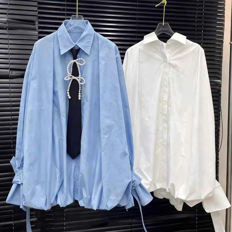 New Women's Flower Bud-Shaped Shirt, Loose-Fitting French-Style Shirt with Unique Design and Tie Decoration