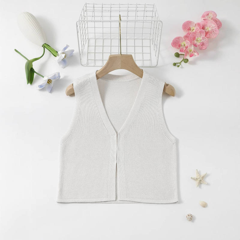European and American Independent Station Foreign Trade Summer V-Neck Crochet Knit Vest Button Sweater Sleeveless Top Cross-Border Short Style