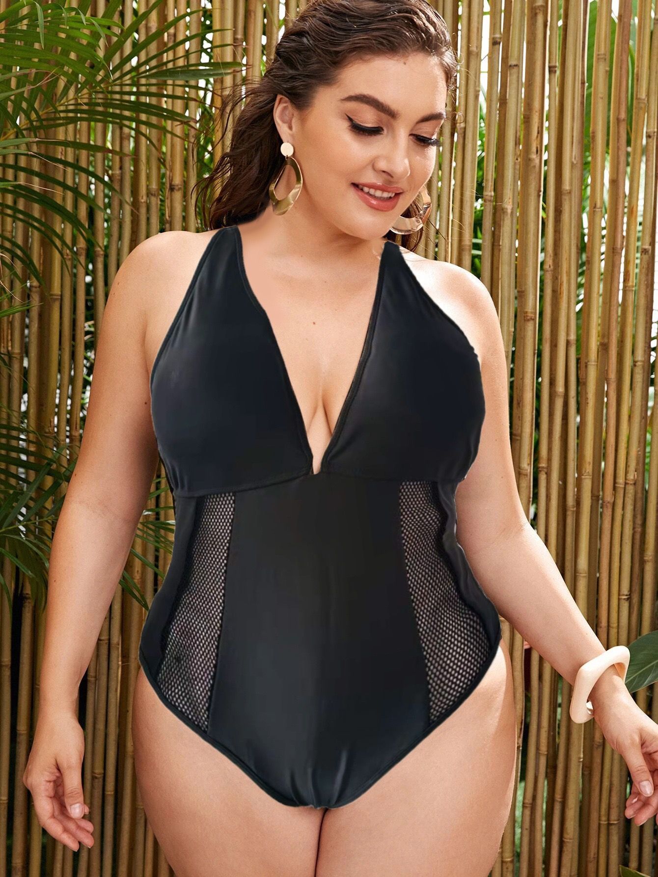 plus size sling backless deep V solid color mesh one-piece swimsuit NSJHD124728