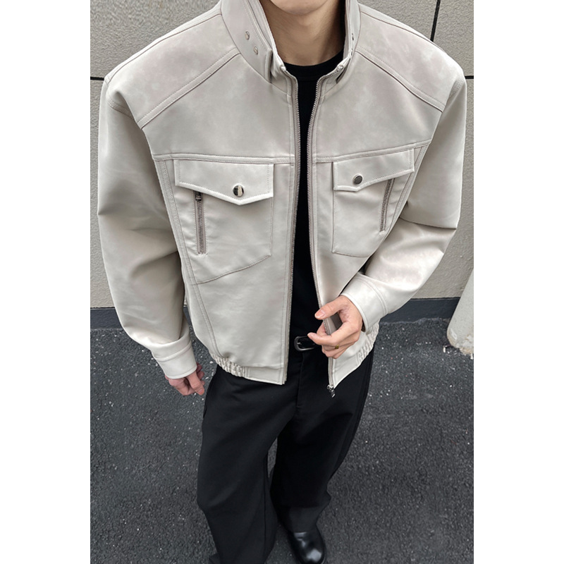 American Retro Workwear Leather Jacket For Men, Spring Cleanfit Flight Stylish Stand-up Collar Baseball Jacket, Trendy_voghion.com