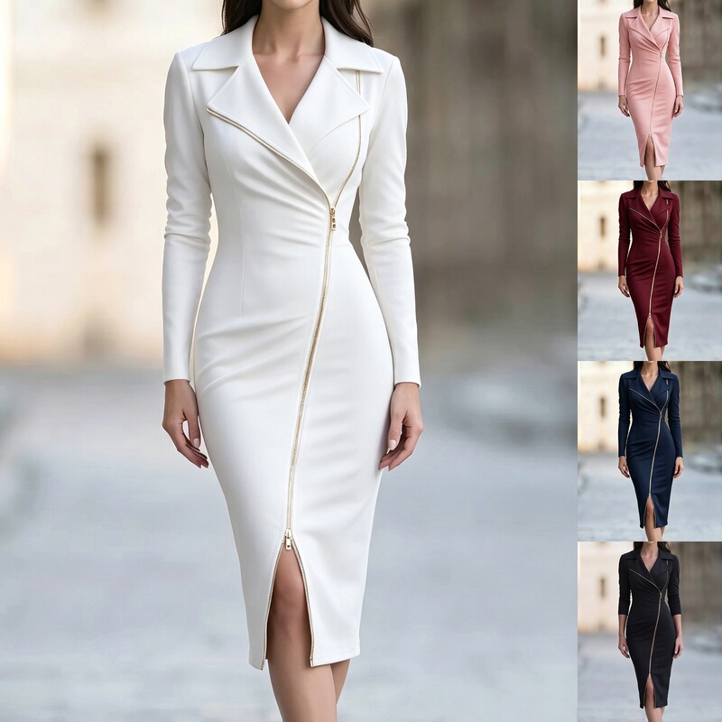 2026 Autumn High-End Suit Collar Long-Sleeve Dress Elegant Waist-Cinching Gown for Banquets and Commuting