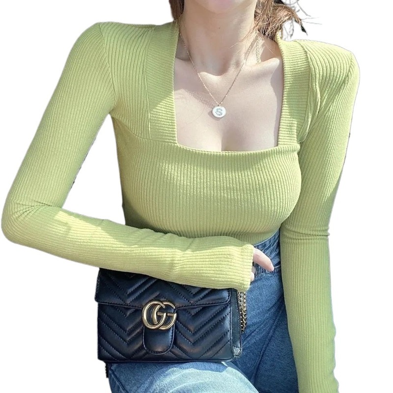 春秋季新款甜辣上衣长袖时尚修身方领打底衫女百搭显瘦T恤女上衣|undefined