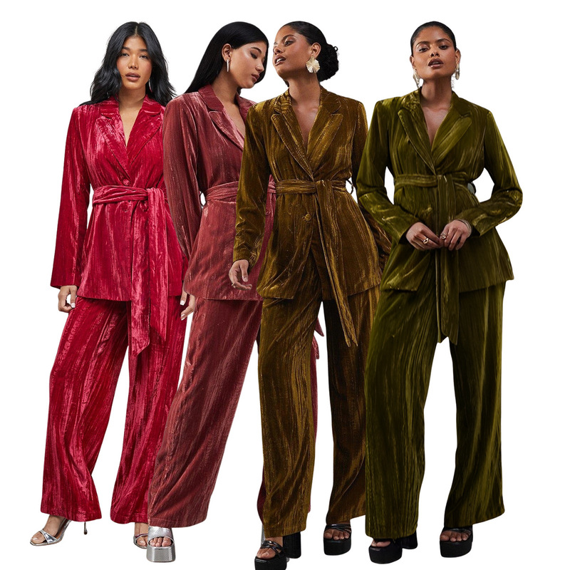 Cross-Border Temu European and American Style Pleated Velvet Casual Suit 2026 New Model Belt Blazer Straight-Leg Pants Two-Piece Set Cross-Border Temu European and American Style Pleated Velvet Casual Suit 2026 New Model Belt Blazer Straight-Leg Pants Two-Piece Set