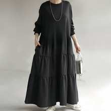 日本小众设计宽松中长款拼接荷叶边裙摆卫衣连衣裙长袖过膝长裙