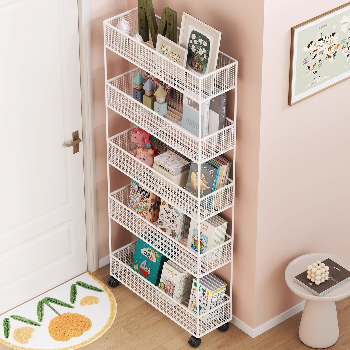 Door-Mounted Storage Rack with Wheels for Children's Picture Books, Extremely Narrow Multi-Layer Book Storage Cabinet, Small Narrow Shelf Against the Wall