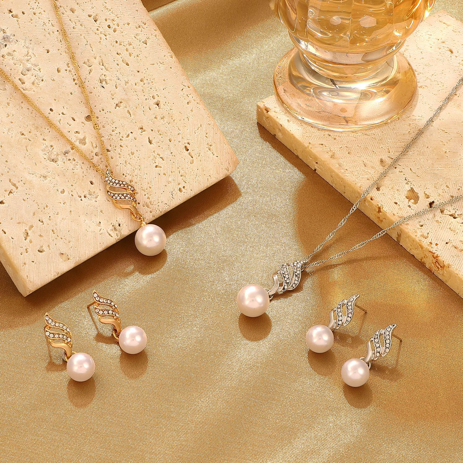 fashion alloy pearl diamond earrings necklace set