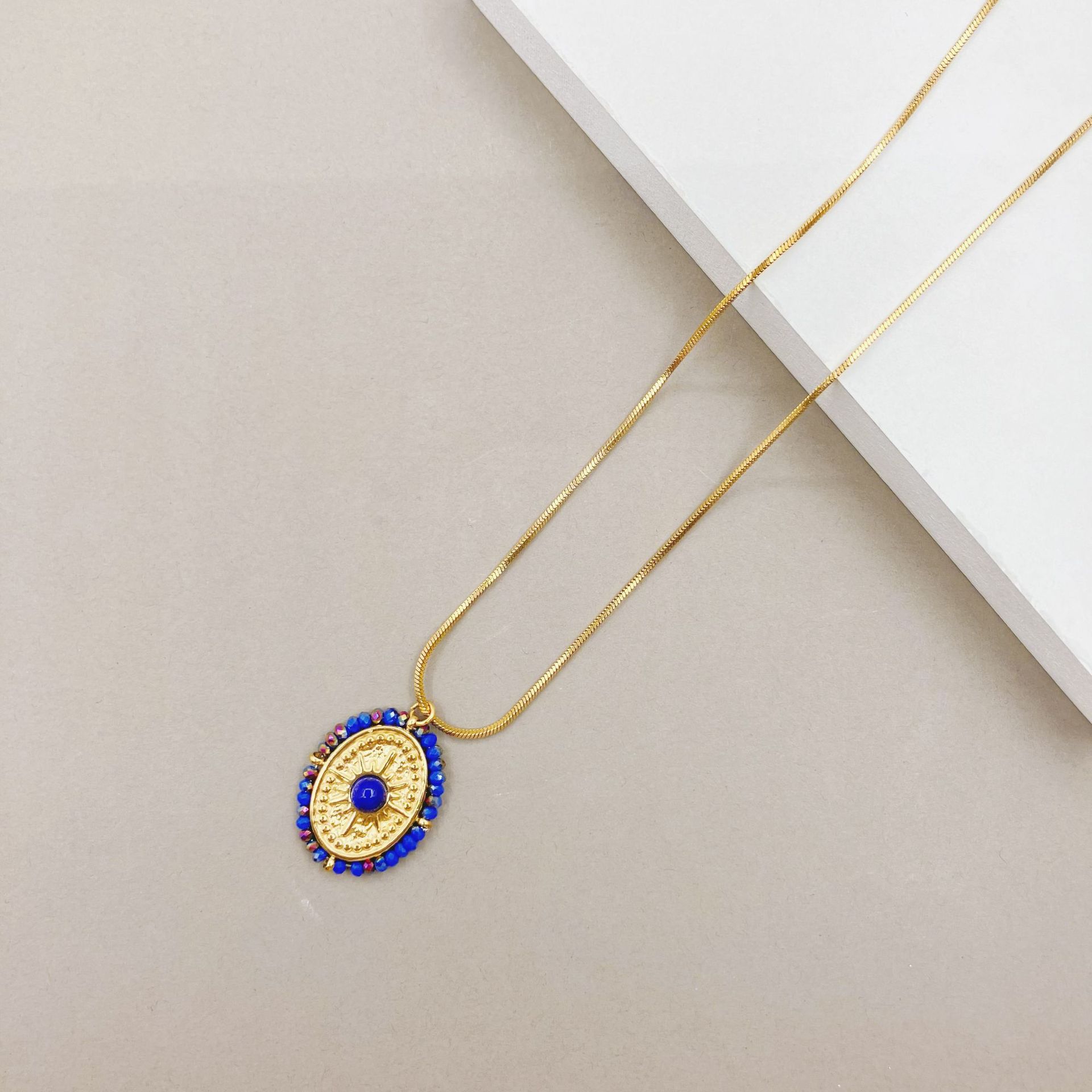 Fashion Sun Oval Stainless Steel Titanium Steel Beaded Enamel Inlay Crystal Pendant Necklace 1 Piece