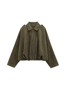 Bomber Jacket (ZA) Suede-Effect, Women's Spring Outerwear, Army Green, Oversized Fit