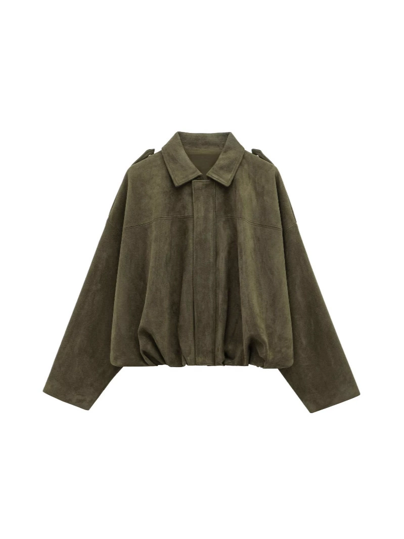 Bomber Jacket (ZA) Suede-Effect, Women's Spring Outerwear, Army Green, Oversized Fit