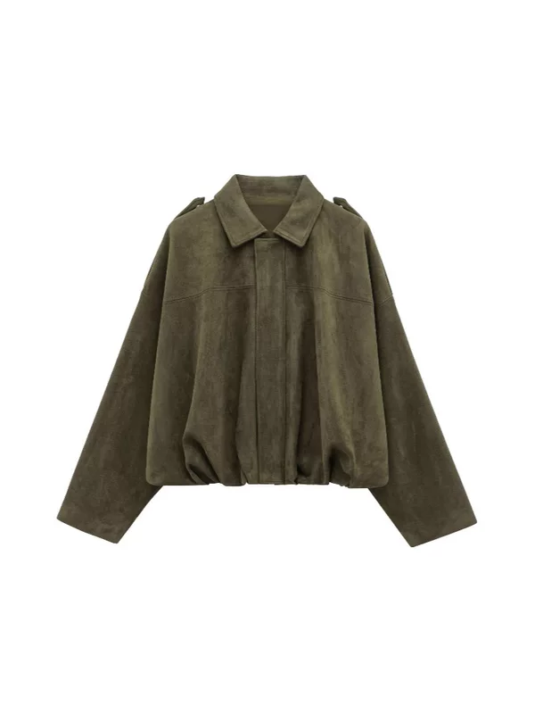 Bomber Jacket (ZA) Suede-Effect, Women's Spring Outerwear, Army Green, Oversized Fit