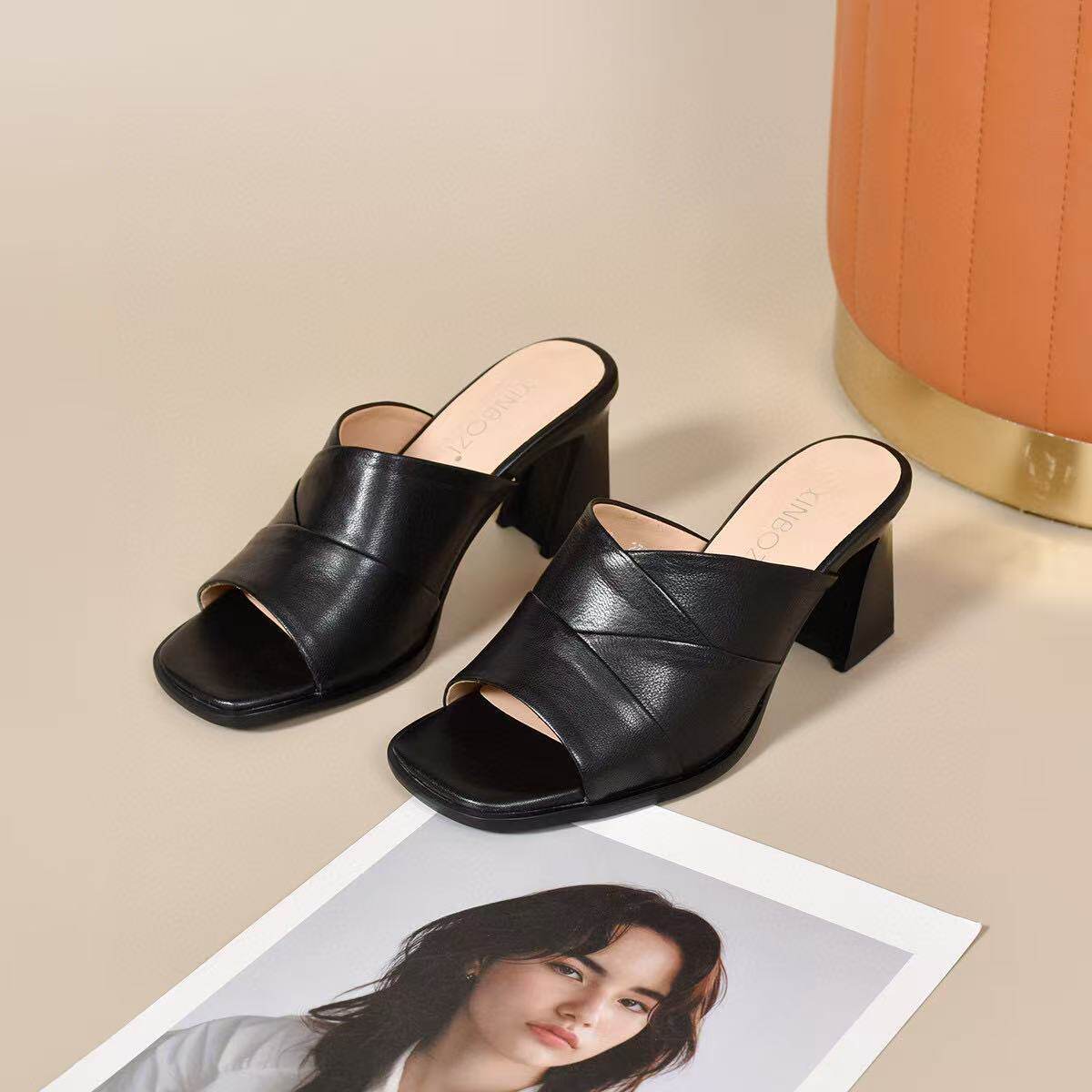 Sandal peep toe nữ gót vuông da thật đế mềm chống trượt — màu be chi tiết 8