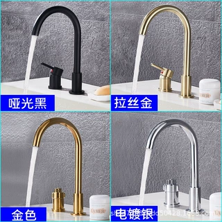 全铜双孔分体式按钮恒温水龙头拉丝金色加高旋转台盆厨房面盆龙头