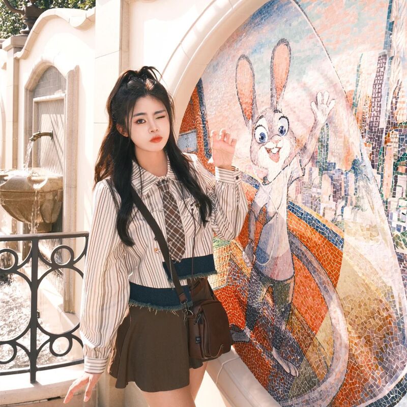 Striped Long-Sleeved American Shirt Retro Spring and Autumn Button New College Design Niche Short Top Shirt for Women