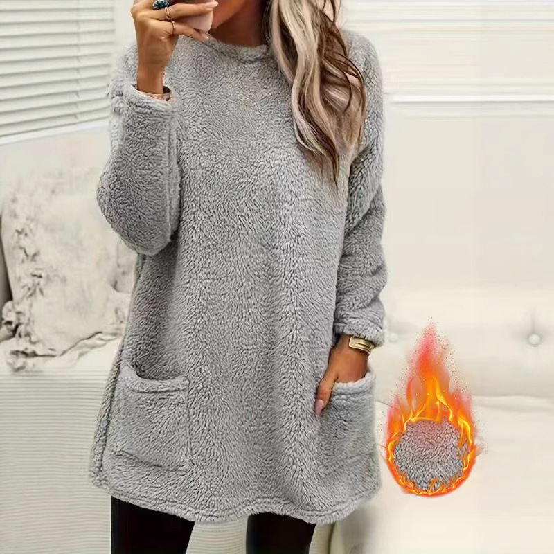 Cross-border factory a generation of 2025 autumn and winter Amazon women's pullover long sleeve pocket embossed double-sided velvet sweater