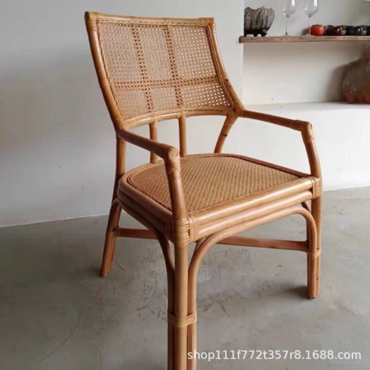 Silla de ocio vintage de ratán natural, sillón individual estilo wabi-sabi para casas de huéspedes y salones de té, silla de comedor de ratán de estilo nórdico japonés.