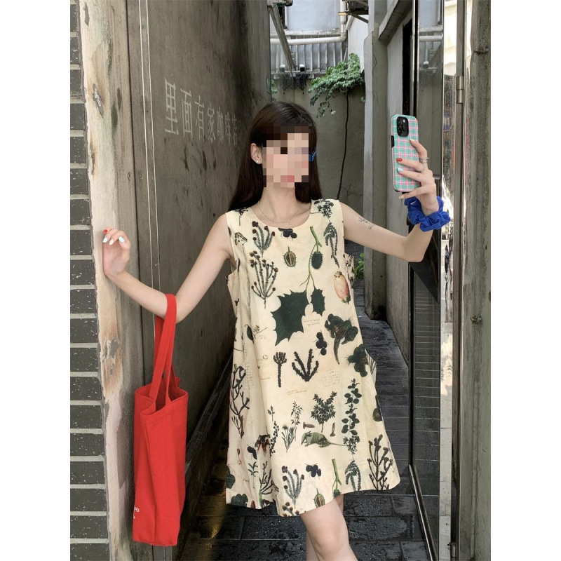 复古碎花背心裙女装夏季新款小个子设计感显高宽松无袖连衣裙ins|undefined