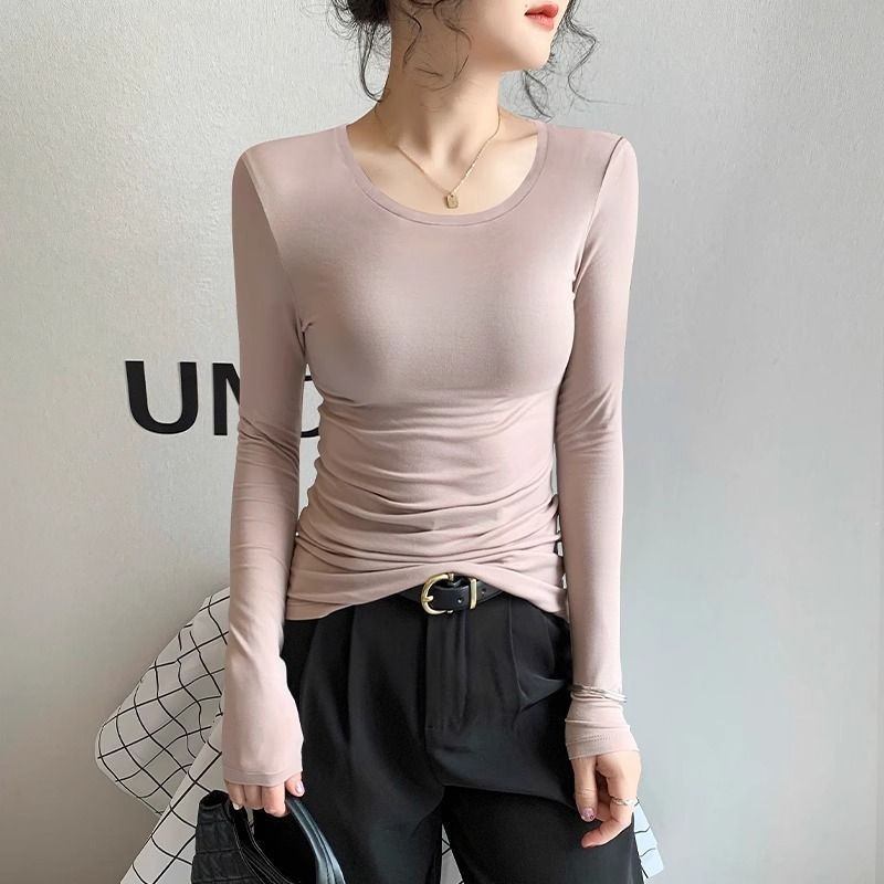 Modal Base Shirt for Women, 2024 Spring, Autumn, and Winter New Round Neck Slim Long Sleeve Black Stylish Versatile Top