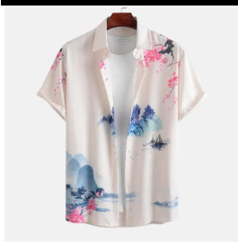 Comercio exterior transfronterizo de los hombres primavera europea y americana nueva solapa impresa en 3D manga corta a rayas retro camisa casual hombres al por mayor