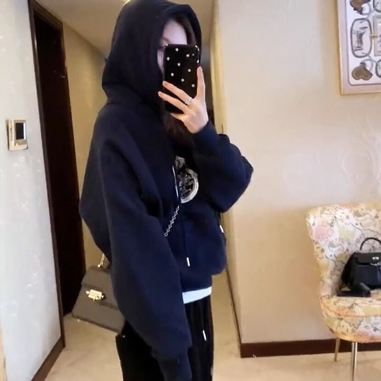 한국식 유행 연령 감소 인쇄 후드 땀 여성의 봄과 가을 세련된 캐주얼 올 매치 슬림 핏 트렌디 탑