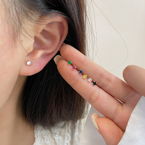 Mini 925 Silver Needle with Four-Paw Colorful Diamonds, Sleepable without Removing, Ear Hole Ear Sticks, Instagram Style Ear Bone Earrings