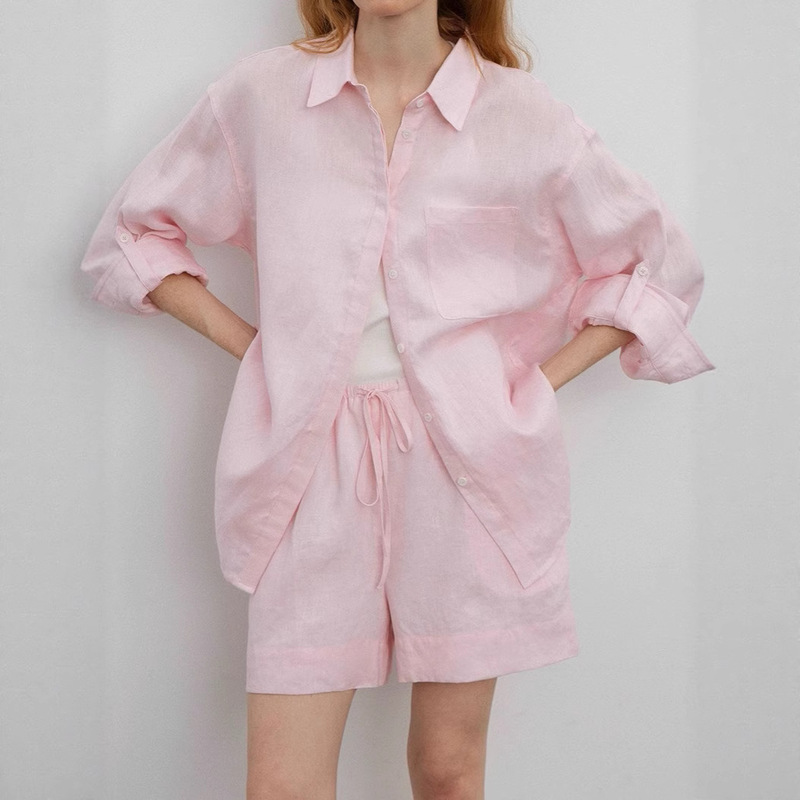 Untome Relaxed Summer/Lazy Casual Style Full Linen Oversized Shirt/Shorts Sun Protection Set Untome Relaxed Summer/Lazy Casual Style Full Linen Oversized Shirt/Shorts Sun Protection Set