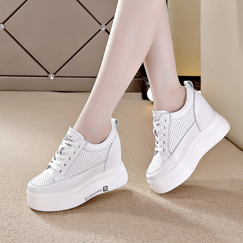 2024 Spring and Summer New Low-top Wedge Heel 10cm Increased Casual Thick-soled White Shoes for Women