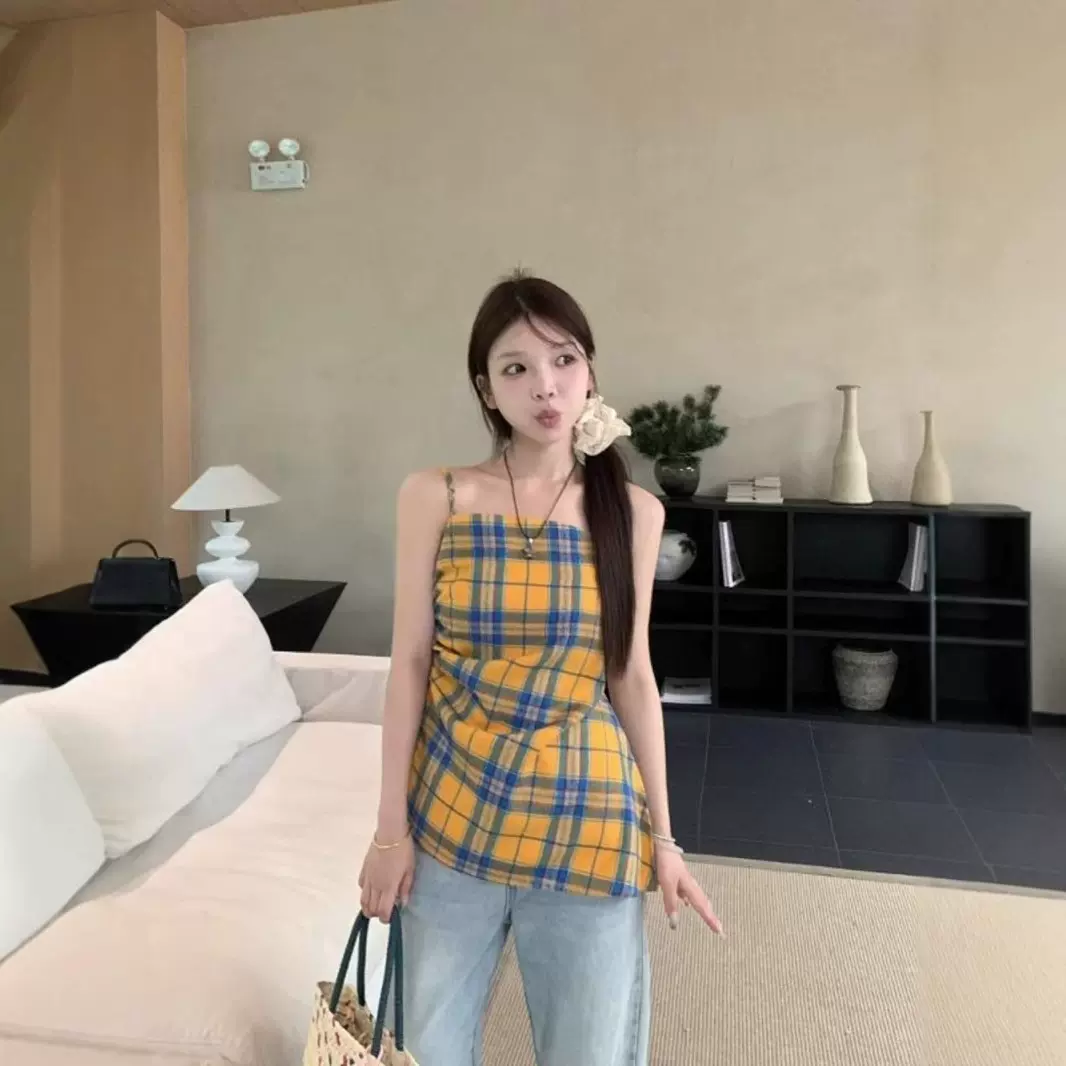 彩色多巴胺格子不规则开叉外穿吊带背心女夏季2025新款无袖上衣