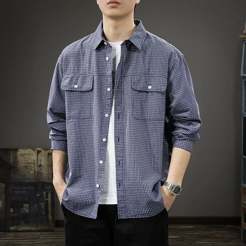 Американская модная повседневная клетчатая рубашка, мужская весенне-осенняя новая свободная хлопковая мужская куртка с длинными рукавами и лацканами