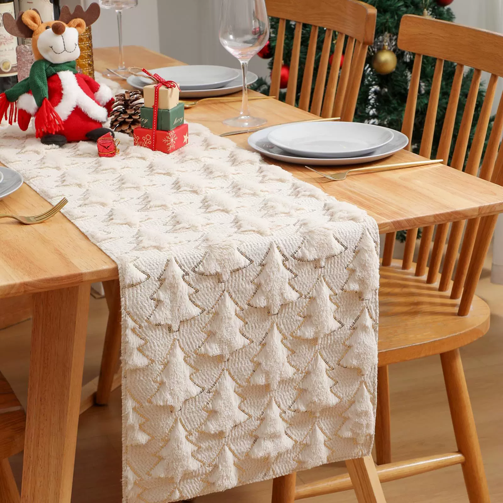 跨境新款圣诞树形桌旗圣诞节植绒布桌垫装饰品场景布置道具批发