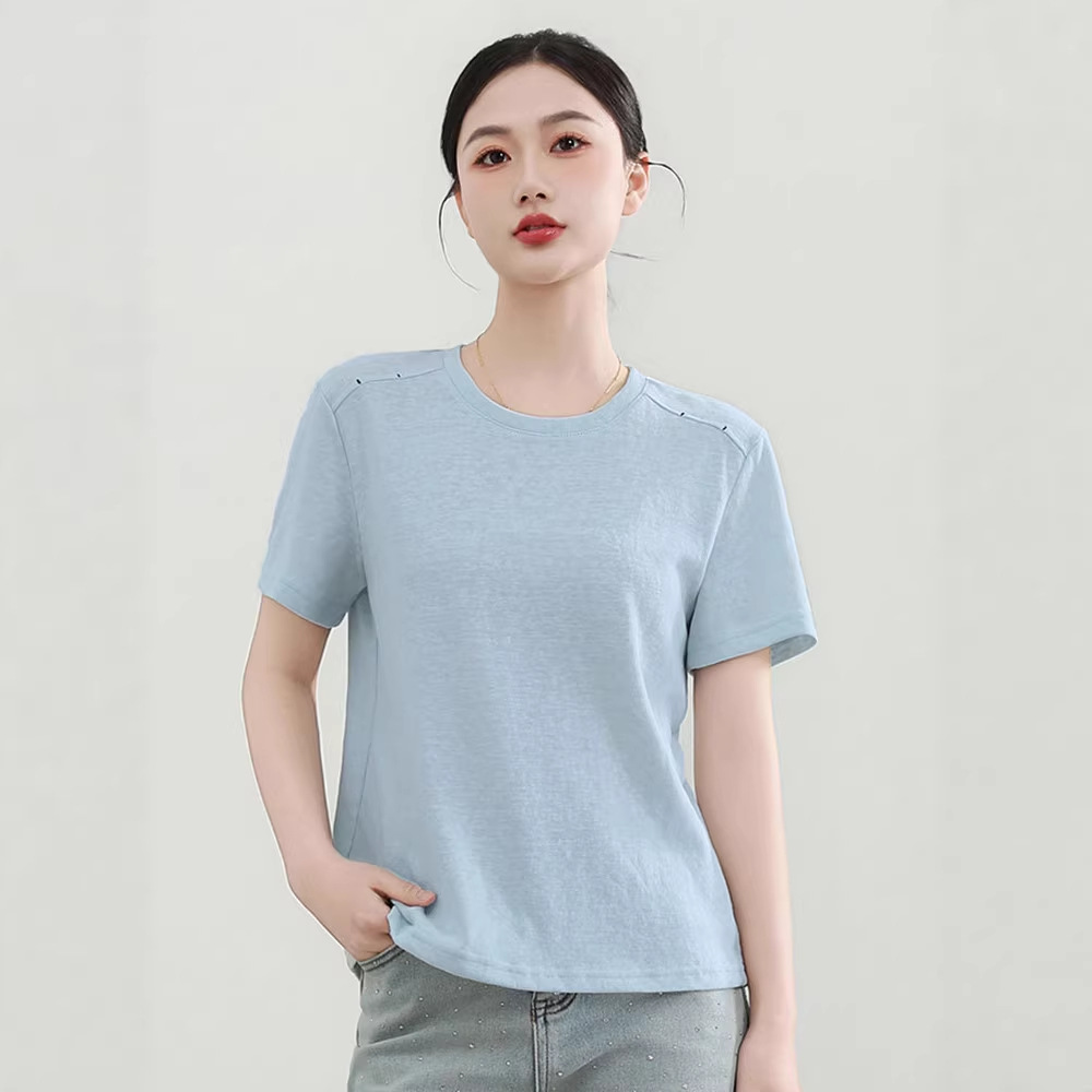 亚麻肩线短袖女纯色内搭莱赛尔打底衫气质女上衣宽松圆领T恤2602