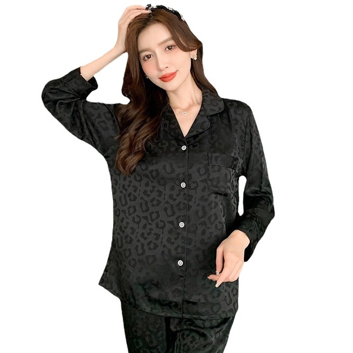 Pijamas Mujer Primavera y Otoño Nueva Delgada de gran tamaño elegante estilo Coreano estampado leopardo negro manga larga pantalones desgaste del hogar traje fábrica al por mayor