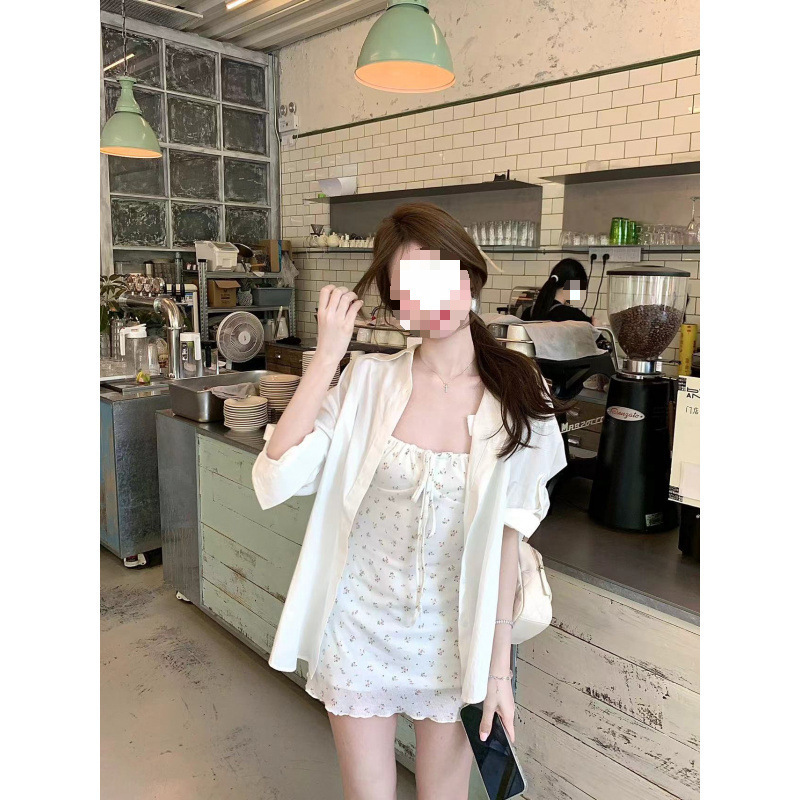 法式碎花收腰吊带连衣裙女+显瘦宽松长袖衬衣|undefined