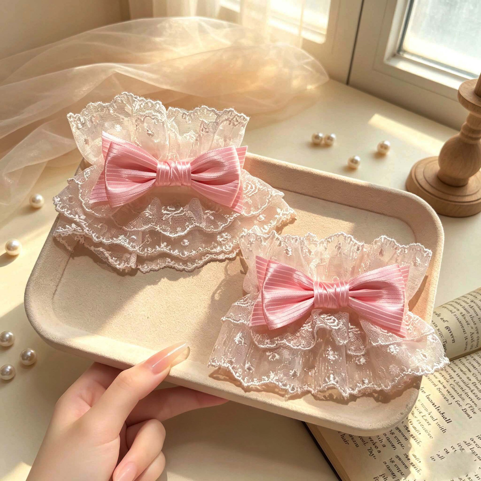 Super de hadas encaje arco de encaje brazaje Lolita accesorios juvenil dulce atmósfera sensación de mangas decorativas