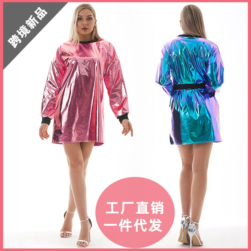 Трансграничные взрывы, женская мода, сексуальное платье с длинным рукавом, юбка с лазерным сочетанием, Европейская и американская футболка, женская одежда, поколение волос