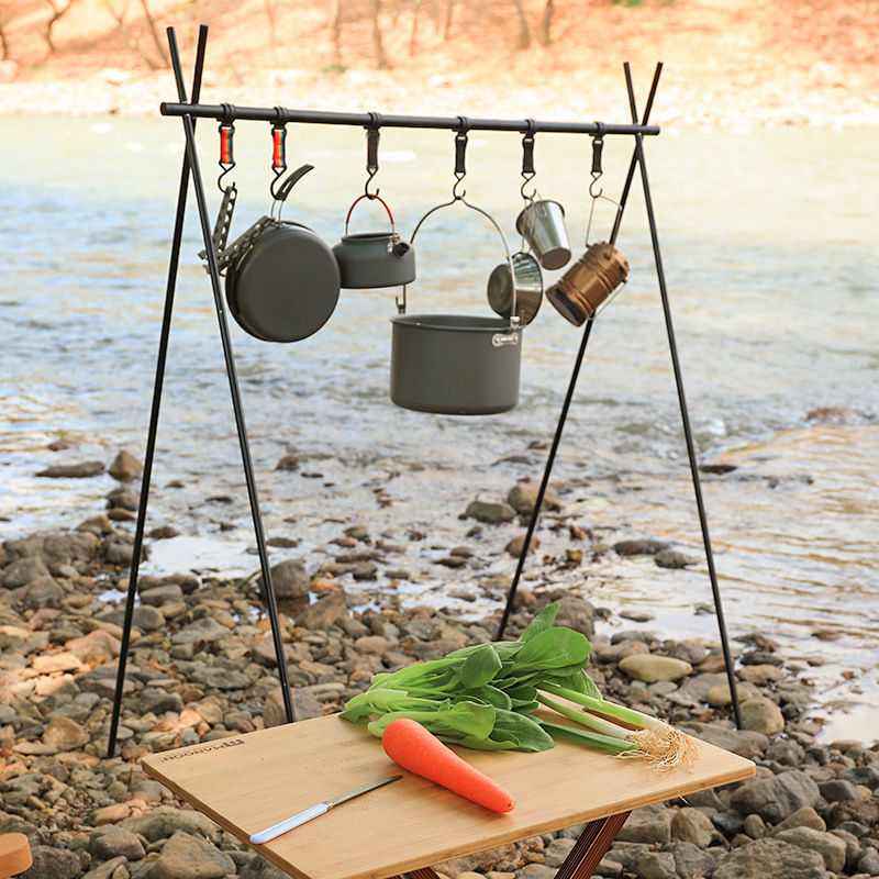 Camping Light Stand Outdoor Camping Storage Rack Portable Folding Tripod Pot Camping Light Tableware Hook Hanger