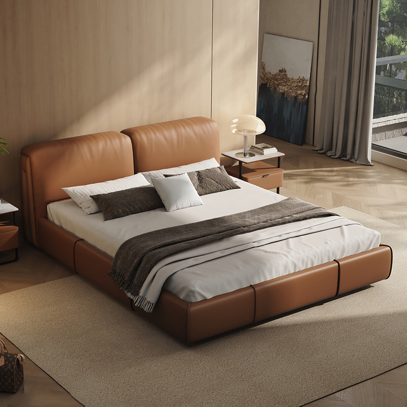 Cama de cuero genuino italiano dormitorio principal minimalista de alta gama elegante cama doble 1,8 m Cama grande cama de boda de diseño Cama grande de vaca negra