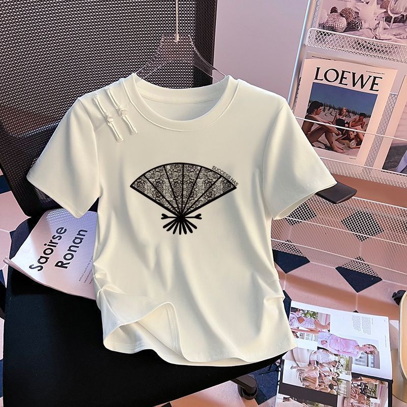 Nueva camiseta de manga corta con estampado de hebilla de disco de estilo chino para mujer verano talla grande grasa mm moda todo-fósforo temperamento delgado estilo nacional top