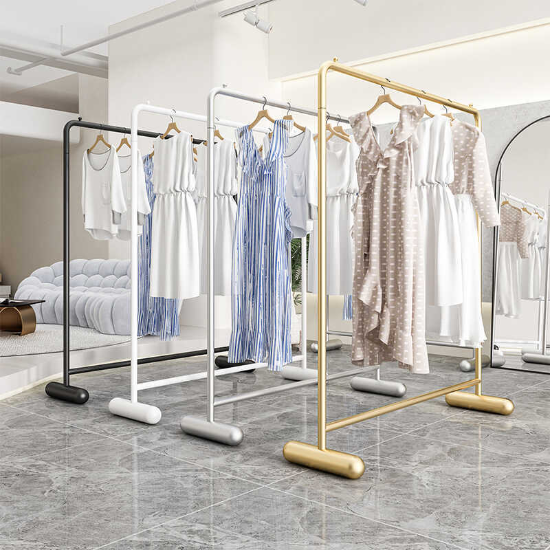 남성복 및 여성복 매장용 의류 디스플레이 랙, 두꺼운 아일랜드 플로어 스탠딩 랙, 금색 옷 걸이 랙, 구매자 매장 디스플레이 랙