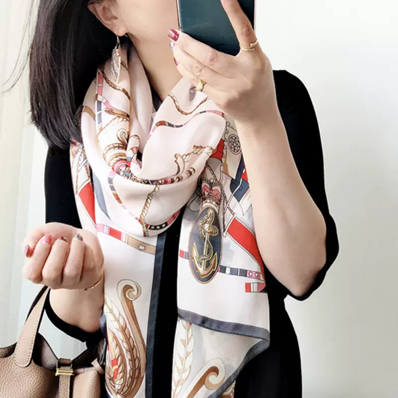 航海风欧美风格气质真丝丝巾女缎面桑蚕丝长款围巾毛线披肩批发
