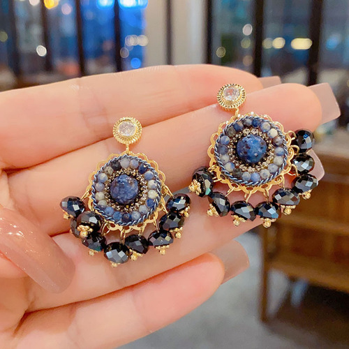 重工款手工水晶流苏耳钉复古轻奢小众百搭银针耳环高级感网红耳饰