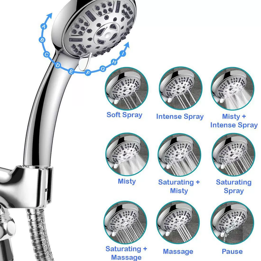 外贸亚马逊9功能花洒套装 淋浴三通座增压带关水暂停花洒卫浴套装