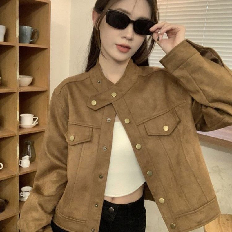 美拉德穿搭立领洋气外套女秋冬感复古宽松短款夹克麋鹿皮外套|undefined