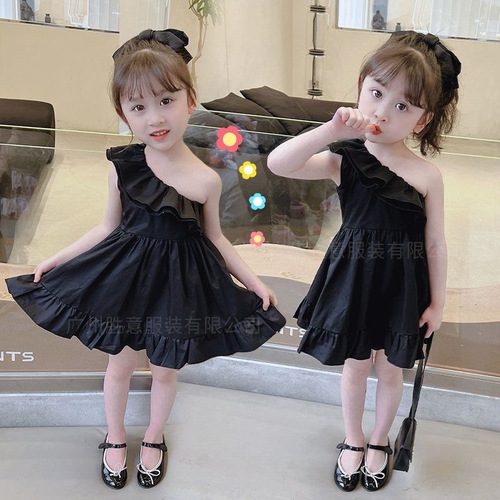 Girls' Sleeveless Summer Dress New Arrival Off-the-Shoulder Children's Stylish Black Princess Dress Baby Formal Dress