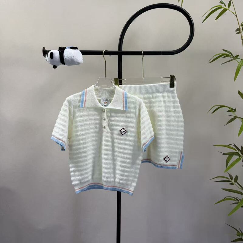 Casa Knit Color-Block Pink and Blue Short-Sleeve Polo Shirt + High-Waisted Short Skirt Two-Piece Set for Women, Cross-Border European and American Style Casa Knit Color-Block Pink and Blue Short-Sleeve Polo Shirt + High-Waisted Short Skirt Two-Piece Set for Women, Cross-Border European and American Style