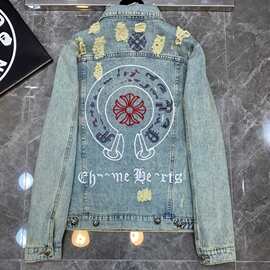 高端男装牛仔外套十字架重工刺绣马蹄图案工艺情侣款复古乞丐磨破