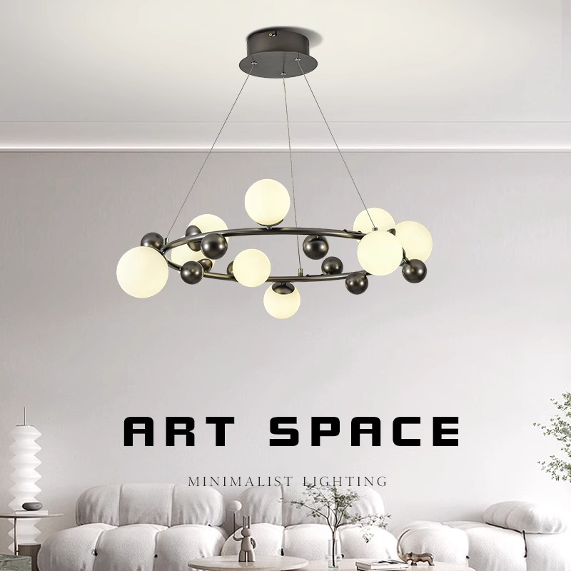 意式簡約客廳魔豆吊燈北歐設計師款圓環球形一字長條餐廳臥室燈